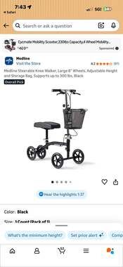 Medline Generation 4 Steerable Knee Walker, 8" Wheels, 300 lb Capacity, MDS86000